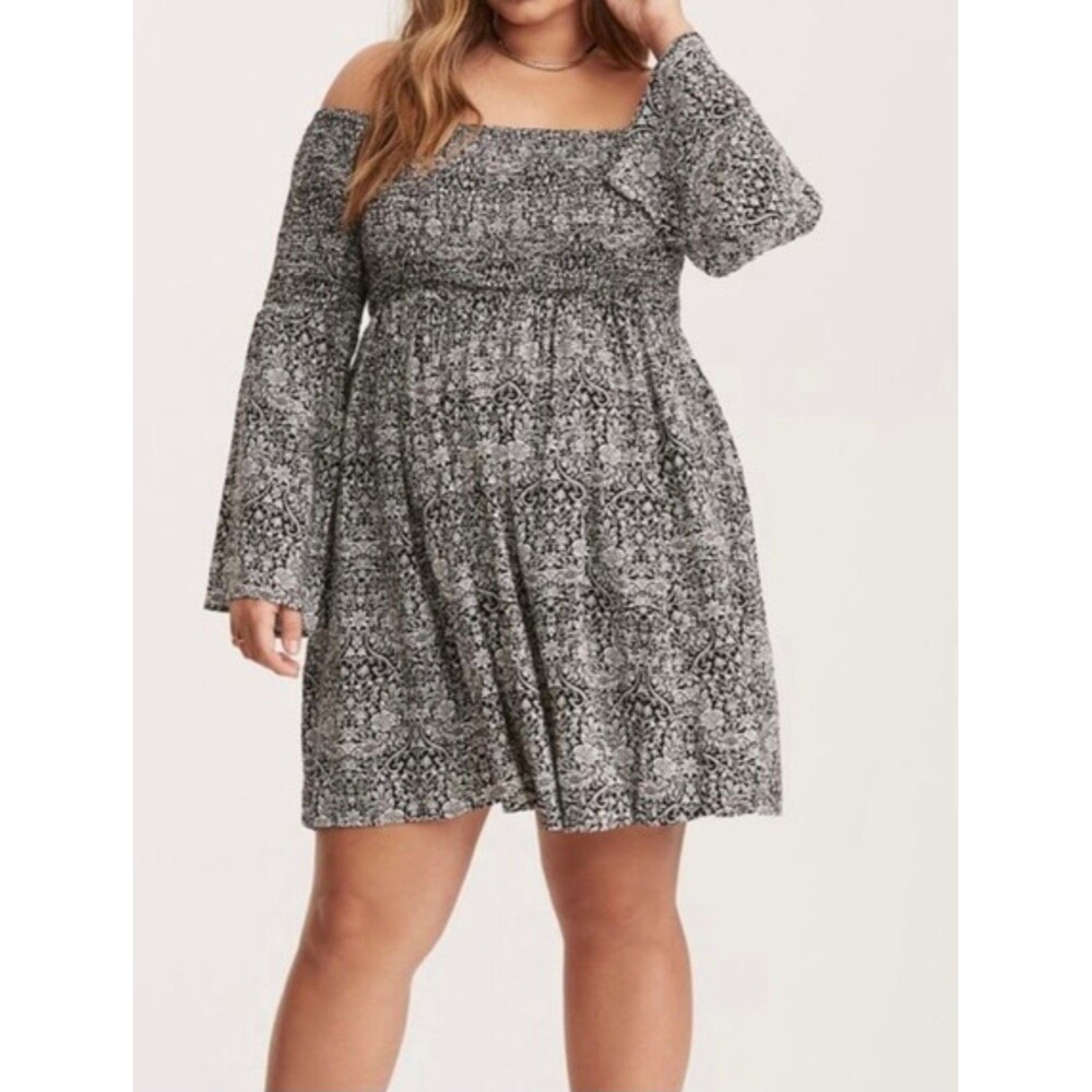 Nwt Torrid Mini Challis Smocked Off the Shoulder Mini Black Vacation Dress 2x